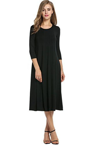 Hotouch Women's 3/4 Sleeve Casual Loose Solid Midi T-Shirt Dress (Black XL)