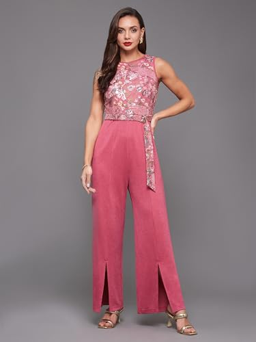 Image of Miss Chase Women's Halter Neck Sleeveless Solid Wide Leg Sequin Paneled Regular Length Jumpsuit