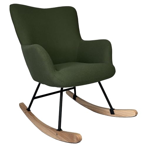 Happy Garden Fauteuil à Bascule Kaira, Rocking Chair, Tissu Boucle Vert Kaki, Structure en métal et piètement en Bois d'hévéa,