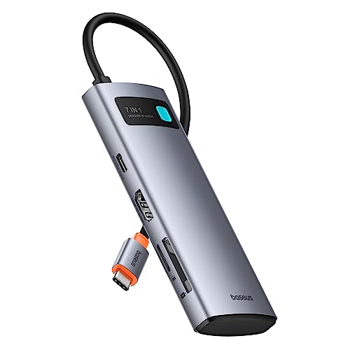 Baseus Adaptador USB C Hub 7 em 1 com 4K @ 60Hz HDMI, 100W PD, 3 USB-A 3.0 5Gbps, leitor de cartão SD/TF, estação de ancoragem USB para iPhone 15, laptop MacBook/Surface Pro/iPad/Steam Deck/Rog