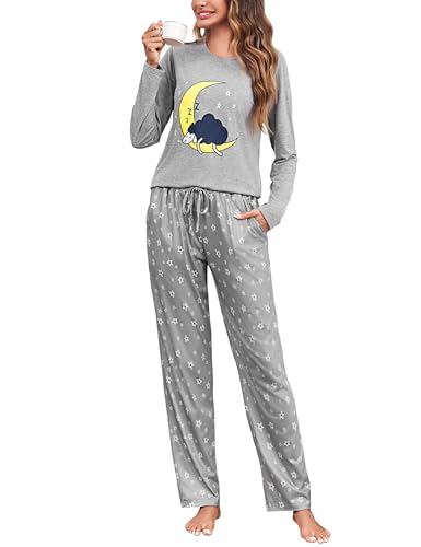 Aseniza Pijama Mujer Invierno Algodón Conjunto de Pijamas Largo Manga Larga Ropa de Dormir 2 Piezas con Bolsillo Gris,L