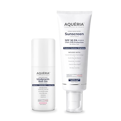 Image of Aqueria Daily Brightening Essentials Kit | Hydrating & Brightening French Sunscreen SPF 50 PA+++ (50g) & 5.5% AHA BHA Underarm Roll On (50ml) | Reduces Tanning, Controls Sweat & Odor | Lightweight, No White Cast | Flora Fragrance