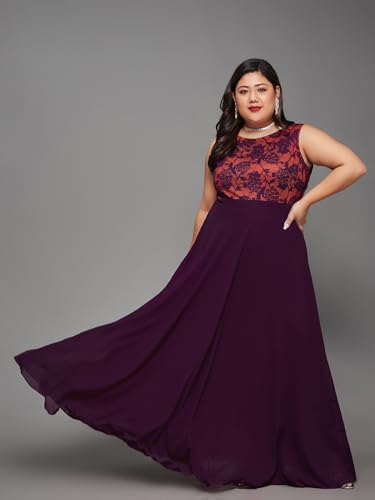 Image of Miss Chase A+ Women's Round Neck Sleeveless Georgette Floral Lace Fit & Flare Maxi Dress