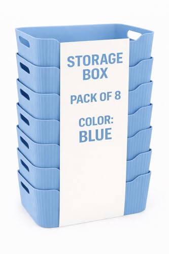 Image of Plastic Storage Box with Lid - Large Stackable Organizer Storage Box for Clothes, Toys, Kitchen - Big Size Plastic Storage Container Basket for Home, Office, Bathroom(Smal,Pack of 8,Blue)