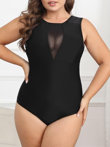 CUPSHE Women's One Piece Swimsuit Plus Size Bathing Suit Mesh Crew Neck Swimwear Back Tie4