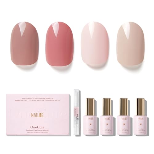 NAILOG Gel Nail Polish Set - 4 Colors Top Coat Color Gel Base 3-In-1 Soak Off UV Gel Polish Kit for Home DIY & Birthday Gifts for Women | Reddish Grey, Dusty Rose, Beige Pink, Almond