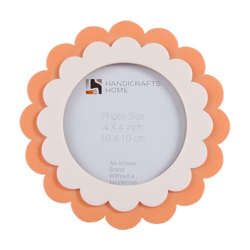Image of Handicrafts Home Scalloped Bone Inlay Picture Frame 4x4 – Handmade Round Decorative Photo Frame, Peach & White Boho Desk & Shelf Decor, Vintage Style Small Frame for Nursery, Home Styling & Gift