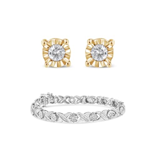 Original Classics 10K Gold Plated Silver Diamond Stud Earrings and Silver Diamond Tennis Bracelet