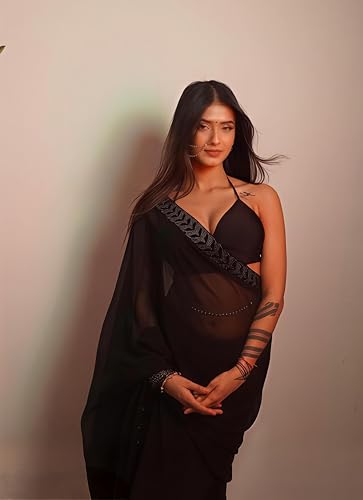 Image of Sidhidata Women's Georgette HotFixed Siroski Work Boarder Saree With Unstitched Blouse Piece (Heart Free Size)