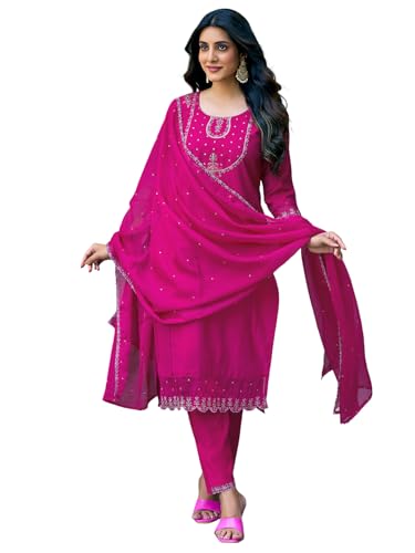 Sanisa Women's Roman Silk Sequence Embroidery Work Straight Kurta With Pant And Dupatta (192Kbd2042N-Xl_Rani Pink)