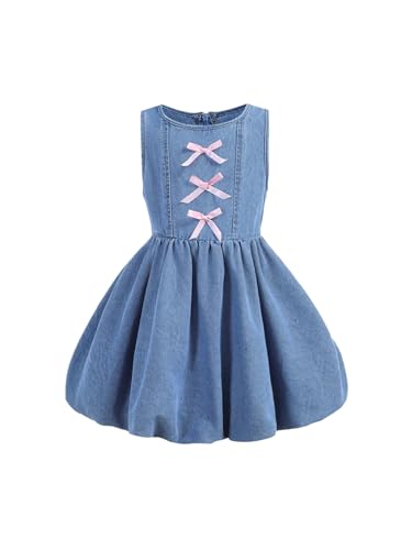 MakeMeChic Girl's Bow Knot Denim Bubble Dress Sleeveless Crew Neck Y2K Summer Tank Mini Dresses