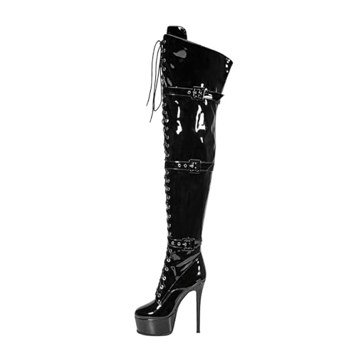 Emfnzd Women's Sexy Thigh High Heels Cross Lace Up Over Knee Platform Boots Unisex Round Head Plus Size-Black14