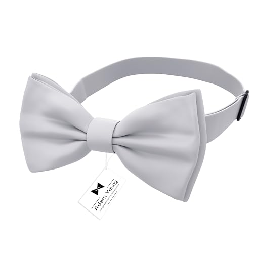 Adam Young Boy's Light Gray Bow Tie Pre-Tied Style Formal Satin Classic Bowtie for Tuxedo Faux Silk (Medium, Silver Grey)2