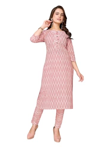 Image of rangita Peach Cotton Printed Straight Kurta with Pant | Kurta Set for Women