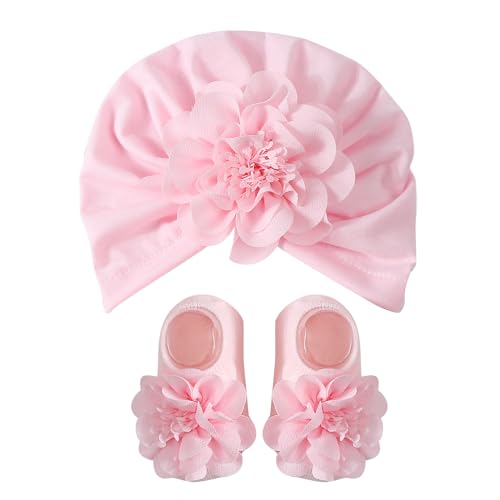 Flower Turban Hat& Socks Set for Baby Unisex Boy Girl Cute Knotted Hat Rubber Soles Socks Newborns Shower Gift Set Light Pink
