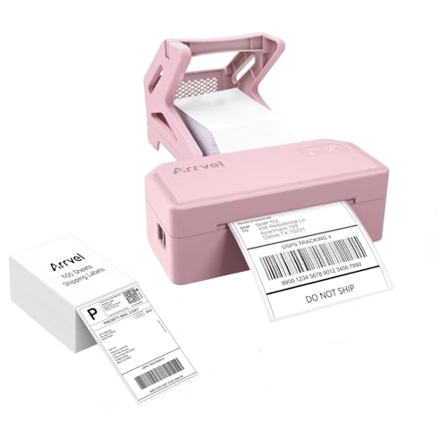 Image of Bluetooth Thermal Shipping Label Printer with Stand and 500 Sheets Fanfold Thermal Labels for Small Business (Pink