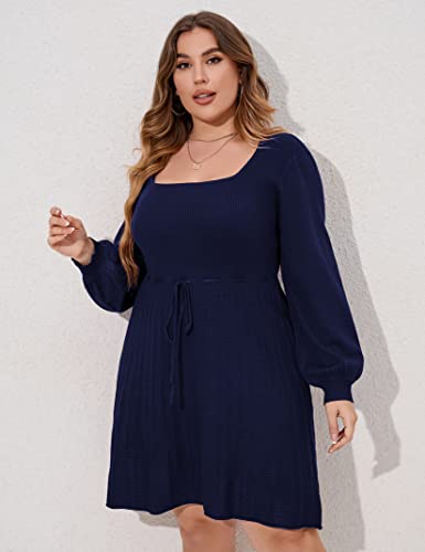 Image of Women's Plus Size Casual Sweater Dress Square Neck Long Lantern Sleeve Tie Waist Loose Pullover Sweater Dresses