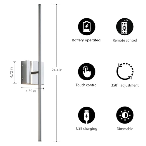 Image of KARTOOSH 24.4 Inch Wall Sconces Battery Operated for Living Room Chrome | Rechargeable Wireless Wall Lamp Set of 2, 3000K Warm White Dimmable Wall Light Remote Control Indoor Lighting for Bedroom
