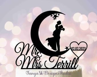 Moon and Stars Wedding Cake Topper,Personalized Cake Topper,Mr and Mrs Cake topper,Silhouette Bride and Groom,To the Moon and Back,Gift for Wedding/Engagement/Bridal Shower/Anniversary/Birthday.