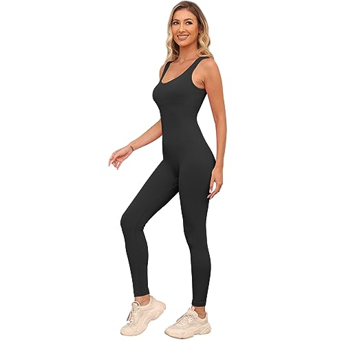 Jetjoy Damen Sport Jumpsuit Lang Yoga Armellos Workout Bodysuit Einteiler Ganzkörperanzug Jumpsuit eng Eckigem Ausschnitt Gerippte Jumpsuits Sportanzug Einteiliger