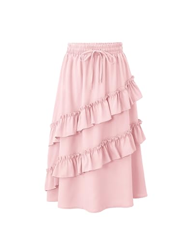 Image of Girls High Waisted Ruffle Maxi Skirt Soft Cotton Long Skirts with Elastic Waistband for Kid Girl 3-12 Years