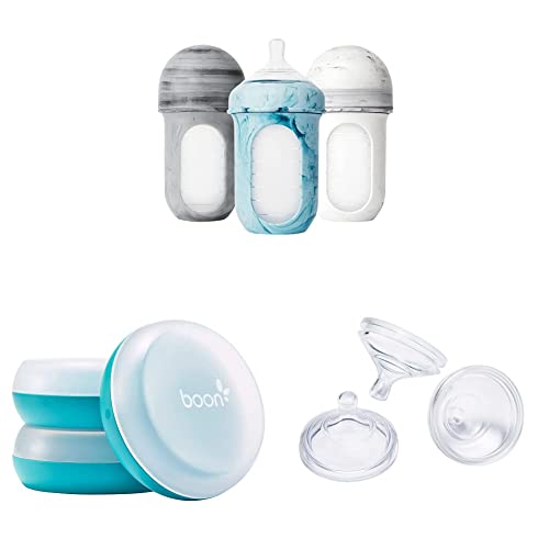 Image of Boon NURSH Reusable Silicone Baby Bottles & NURSH Storage Buns (Pack of 3), Blue-White,3 Count (Pack of 1) & NURSH Silicone Replacement Nipple (Pack of 3)