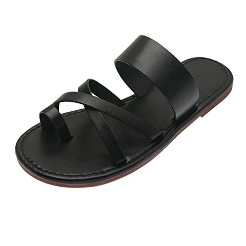 Slippers Women Fashion Summer Slippers Women Solid Leather Cross Strap Ring Toe Flat Heel Rubber Sole Casual Leisure Shoes Ladies Female