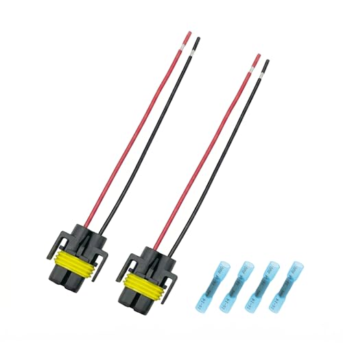 H11 H8 Wiring Harness, Tinned Copper PTFE Pigtail Socket for Headlight & Fog Light Repair, 2-Pack with 4 Heat Shrink Connectors
