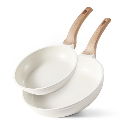 CAROTE 2-Piece Nonstick Frying Pan Set White Marble-Effect Coating 20cm & 28cm Aluminium Pans with Heat-Resistant Handles PFOS & PFOA Free & Induction Hob Compatible (Cream White)