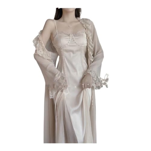 Female Long 2PCS Nighty&Robe Sleepwear Set Sexy Long Lace Trim Bathrobe Gown Suspender Nightdress Summer Loose Satin Home Wear(Champagne Pink Set,XL)