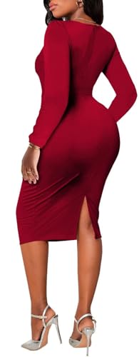 Women's Red Church Dress Wrap Long Sleeve Business Work Dress Formal Ruched Vintage Midi Pencil Dress(06Red,Medium)3