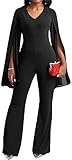 sexycherry Elegant Jumpsuit for Women V Neck Split Chiffon Long Cape Sleeve High Waist Jumpsuit Formal Bell Long Pants Dressy Romper with Zipper