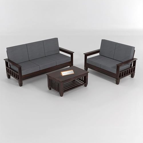 Image of Sheesham Wooden 5 Seater Sofa Set for Living Room | Solid Wood 3+2 Seater Cushion Sofa Sets with Newspaper Holder for Home & Office | Wooden Furniture Sofa for Lounge Walnut Finish
