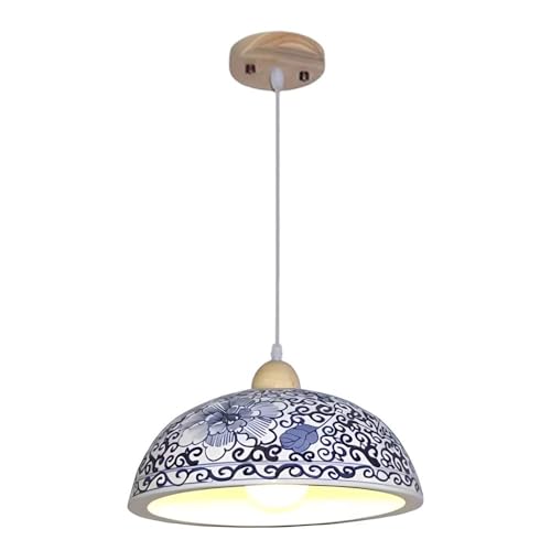 USMJQVZ Lampada a Sospensione in Ceramica a Cupola Classica Cinese da 10,2/12,6 Pollici, Lampada a Sospensione in Porcellana Cinese Blu e Bianca, Grande Lampada a Sospensione per casa, Camera