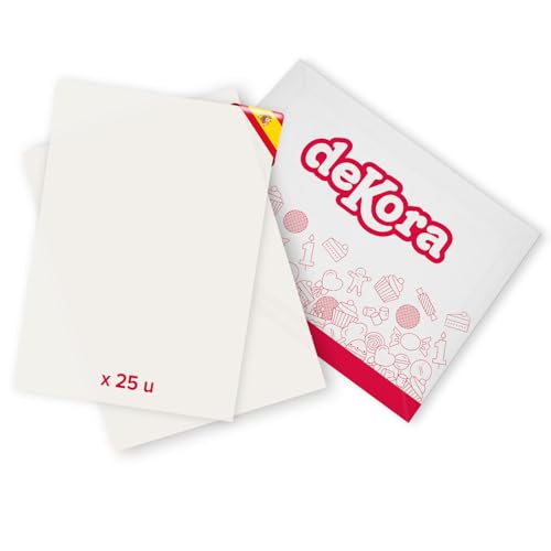 dekora - Papel Comestible A4 para Impresión - 25 Hojas - Papel de Almidón Sin Azúcar Compatible con Impresoras de Tinta Comestible - Decoración Creativa para Tartas, Galletas y Cupcakes