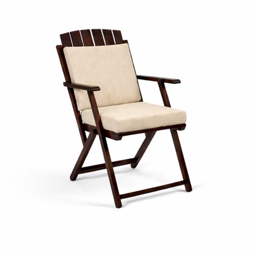 Image of WELL KNOWN Foldable Wooden Outdoor Chair with Cushioned Seat & Backrest - Patio Garden Armchair with Cream Paisley Fabric, Walnut Finish, Solid Wood, 34 Inch Height