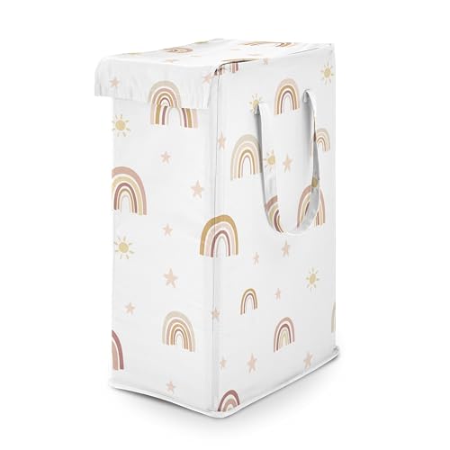Image of Sweet Jojo Designs Boho Rainbow Girl Laundry Hamper Foldable Dirty Clothes Basket with Handles Baby Nursery Kids Bedroom Teen Bathroom Blush Pink Yellow Bohemian Modern Neutral Vintage Gold Stars Sky