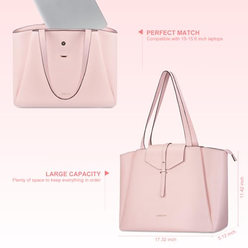 MOSISO Laptop Tote Bag for Women, 15.6 inch PU Leather Work Laptop Bag with Flap Buckle & Clutch Purse, Large Capacity Computer Shoulder Handbag for Casual Business Travel, Pink3