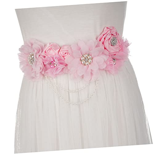 Bridal Waistband with Pearl Rhinestone Flower Design Maternity Wedding Dress Belt for Shower Party Decorative Bridal Girdle Ribbon Sash for Pregnant Brides Pink4