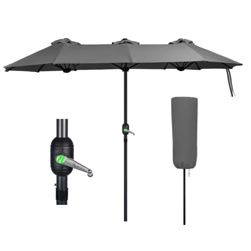 VOUNOT 3m Double Garden Parasol Extra Large Rectangular Patio Table Umbrella with Crank Handle Protective Cover UV 50+ Grey