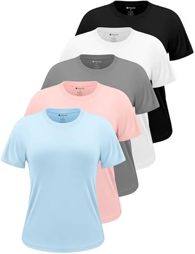 Missclub 5 Pack Womens Short Sleeve Shirts Dry Fit Workout Tops for Women Crew Neck Exercise Tees for Gym Yoga Set C L