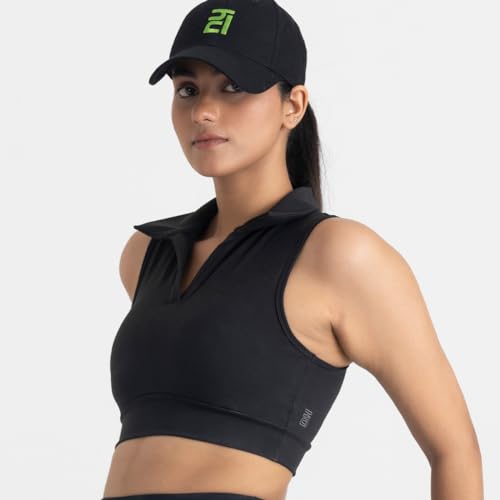 Image of HUNNIT 2 in 1 Sports Bra Crop Top - women's Polo Neck and Racerback styles with Medium Coverage, Lightly Padded, Stretchy Sports Bra perfect for Gym Workout and Sweat Wicking Fabric