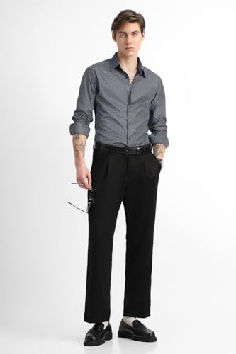 Image of SNITCH Men Casual Trousers | Loose Fit Pleated Front Plain Wide-Leg Style | Lightweight Polyester Blend Medium-Stretch Fabric for Summer & All-Day Comfort Wear