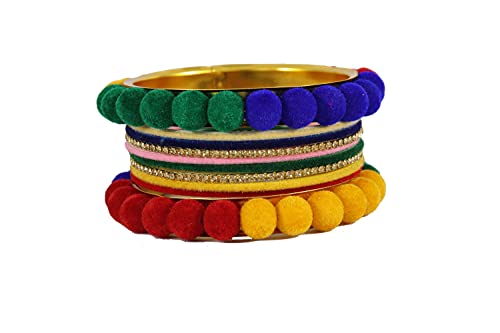 Image of NMII Stylish Metal with Golden Zircon Stone & Velvet Balls Bangles Set For Women and Girls | Fancy Designer Bangles | Short Velvet Chuda Set | Women's Fashion Jewellery