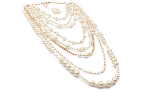 Askana Women'S Vintage Retro Classic Style 1920S Fashion Faux Simulate Pearls White Beads Long Multi-Layer Layered Statement Strands Necklace With Earrings thumb #4