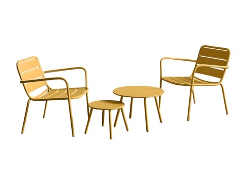 Vente-unique - Conjunto de jardÌn de Metal - 2 sillones Bajos apilables y mesas Nido - Amarillo Mostaza - MIRMANDE de MYLIA