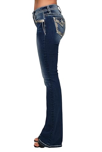 Miss Me Women's Mid-Rise Cheyenne Border Faux Flap Pockets Bootcut Jeans3