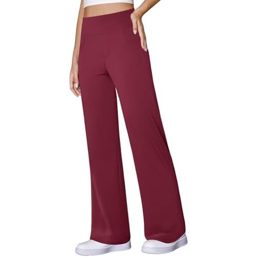 Wide Leg Yoga Pants Women Stretch Dress Work Pants with Pockets Lounge Casual Sweatpants Wine Red Medium