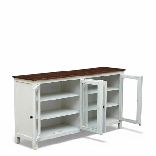 Image of Solid Wood Madrid 4-Door Glass Sideboard Cabinet | Crockery | Kitchen Cabinet | Finish - Premium White