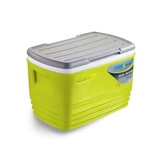 Pinnacle Eskimo 34.5L Large Chiller Ice Box |Fits 60 cans| Holds Ice Upto 72hrs|Portable Insulated Cooler IceBox with Hands Free Lid & Moulded Side Handle|Perfect for Car Travel,Parties,Sport(Lime)